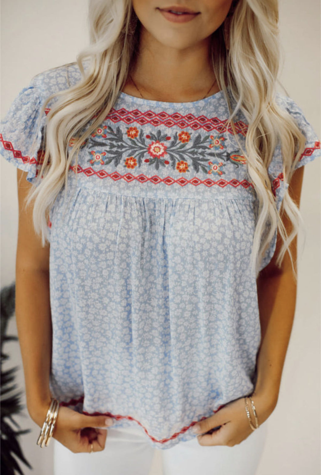 Sky Blue Boho Embroidered Floral Blouse