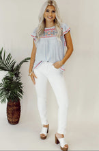 Load image into Gallery viewer, Sky Blue Boho Embroidered Floral Blouse
