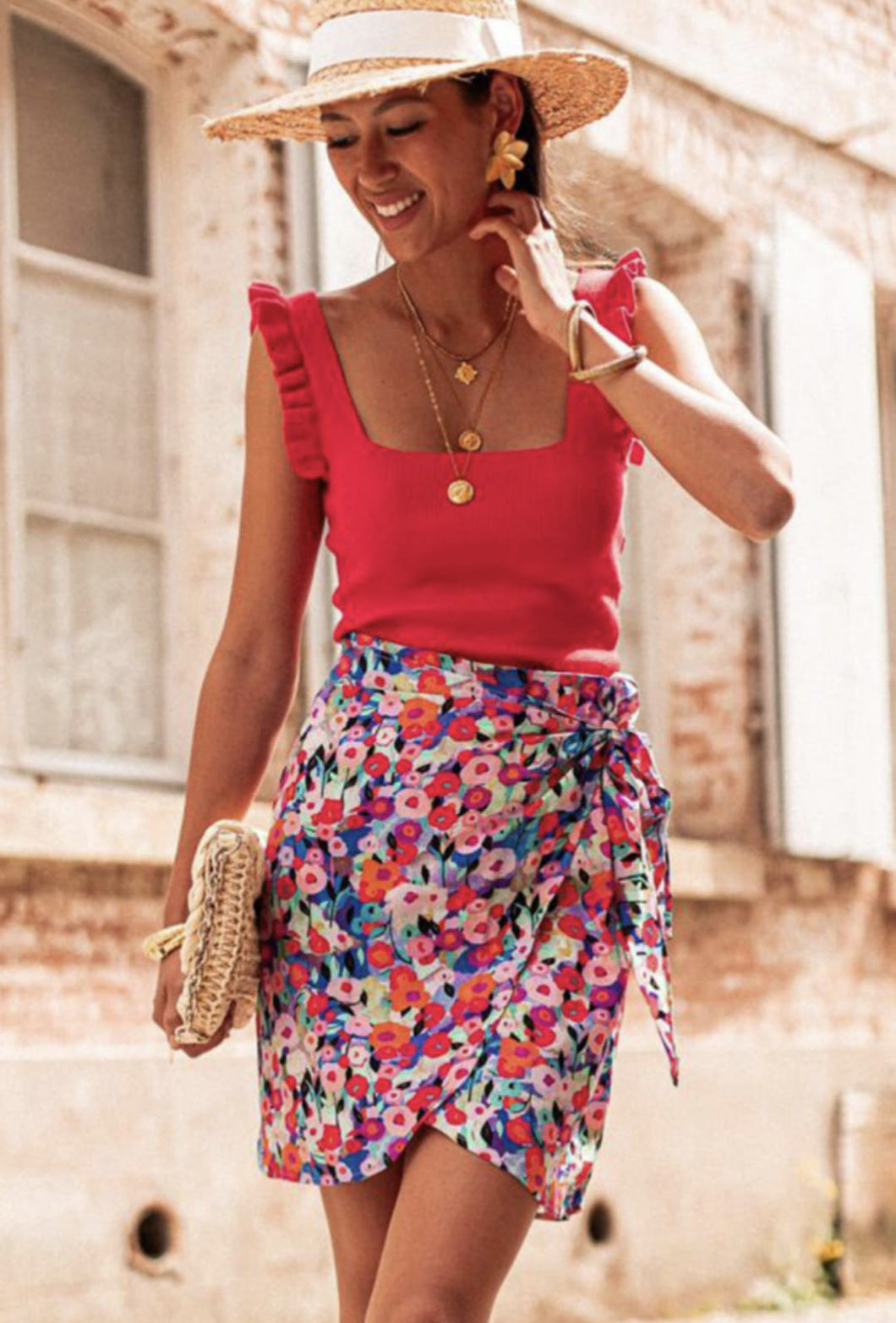 Red Floral Wrap Mini Skirt