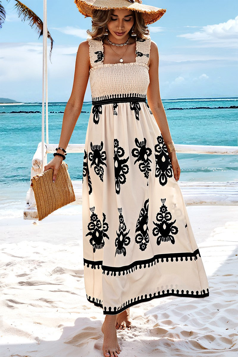 Beige Ruched Square Neck Sleeveless Maxi Dress