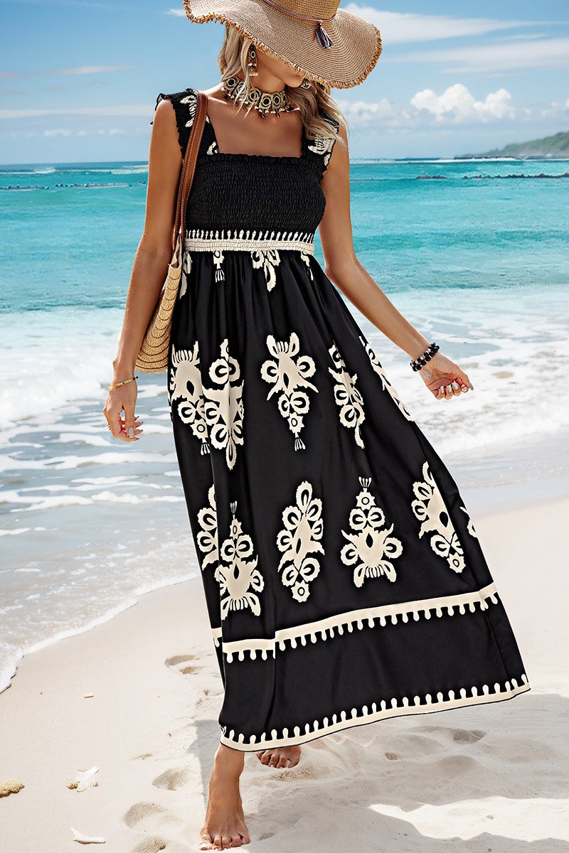 Black Ruched Square Neck Sleeveless Maxi Dress