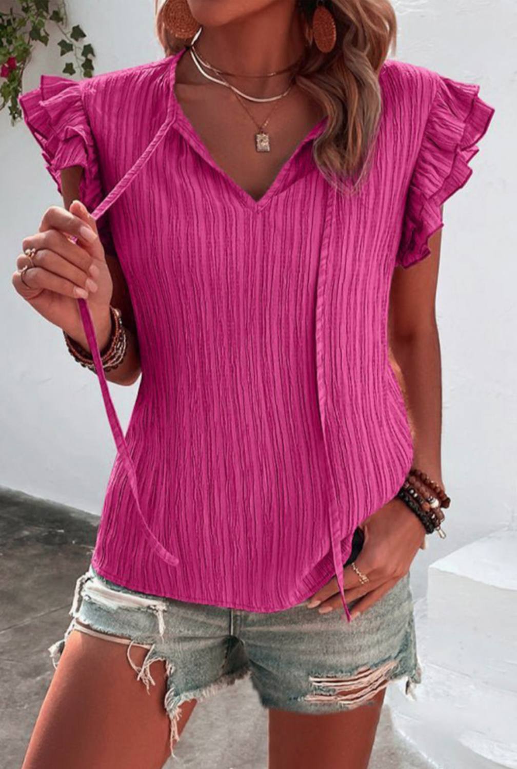 Pink Textured Ruffle Blouse