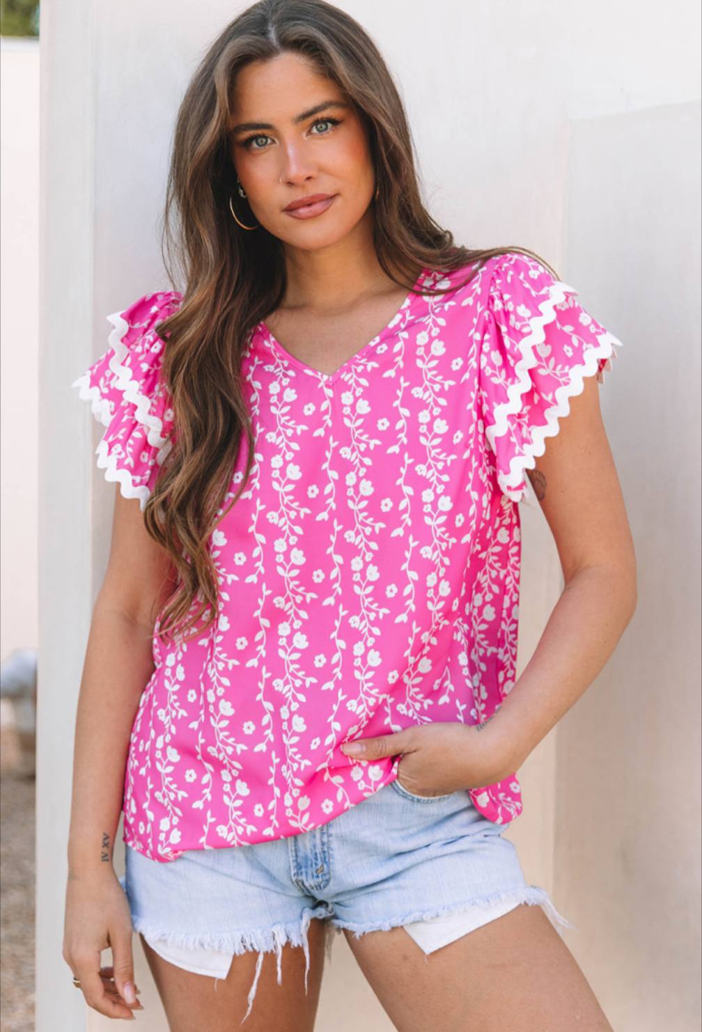 Bright Pink Floral Ruffle Blouse