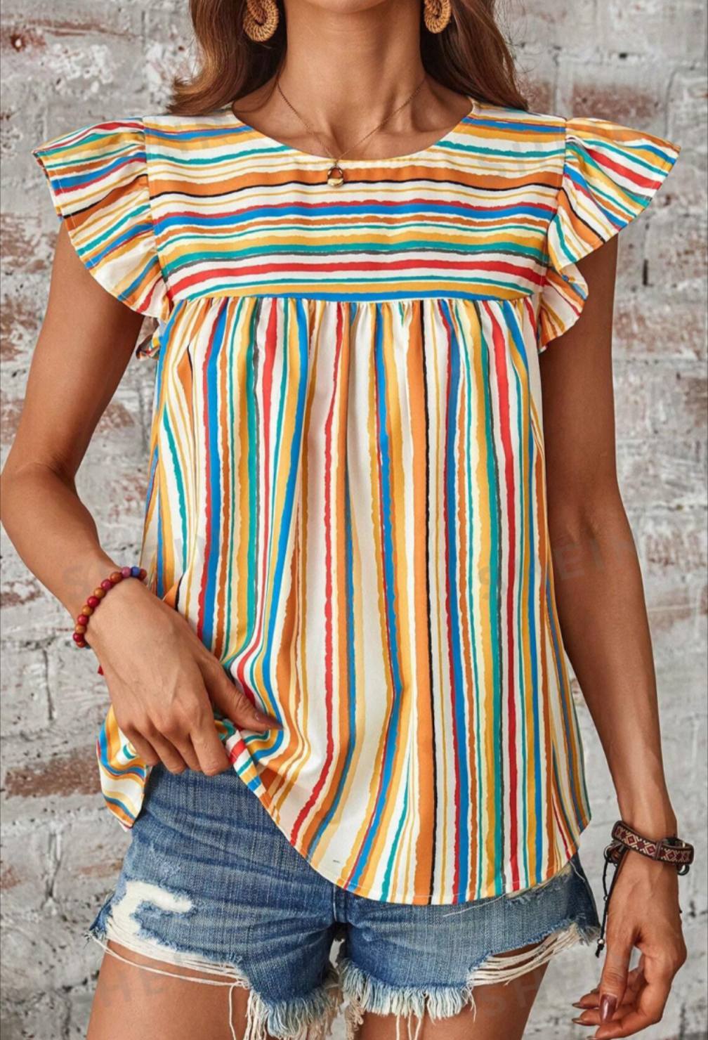 Striped Ruffle Sleeve Blouse