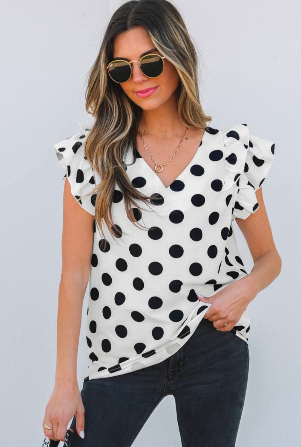 White Polkadot Ruffle Sleeve Blouse