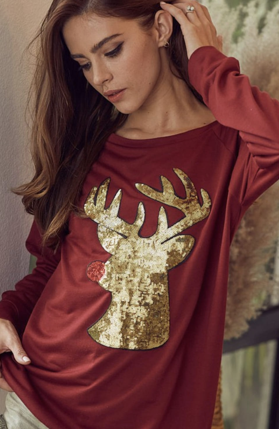 Burgundy Sequin Reindeer Shirt